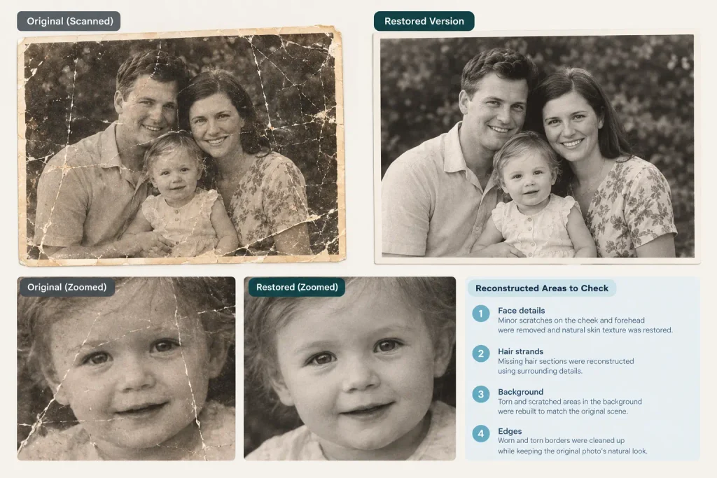 Original damaged family photograph beside its restored calendar-ready version