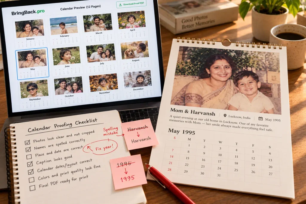 Proofing a family photo calendar with a printed sample and final checklist