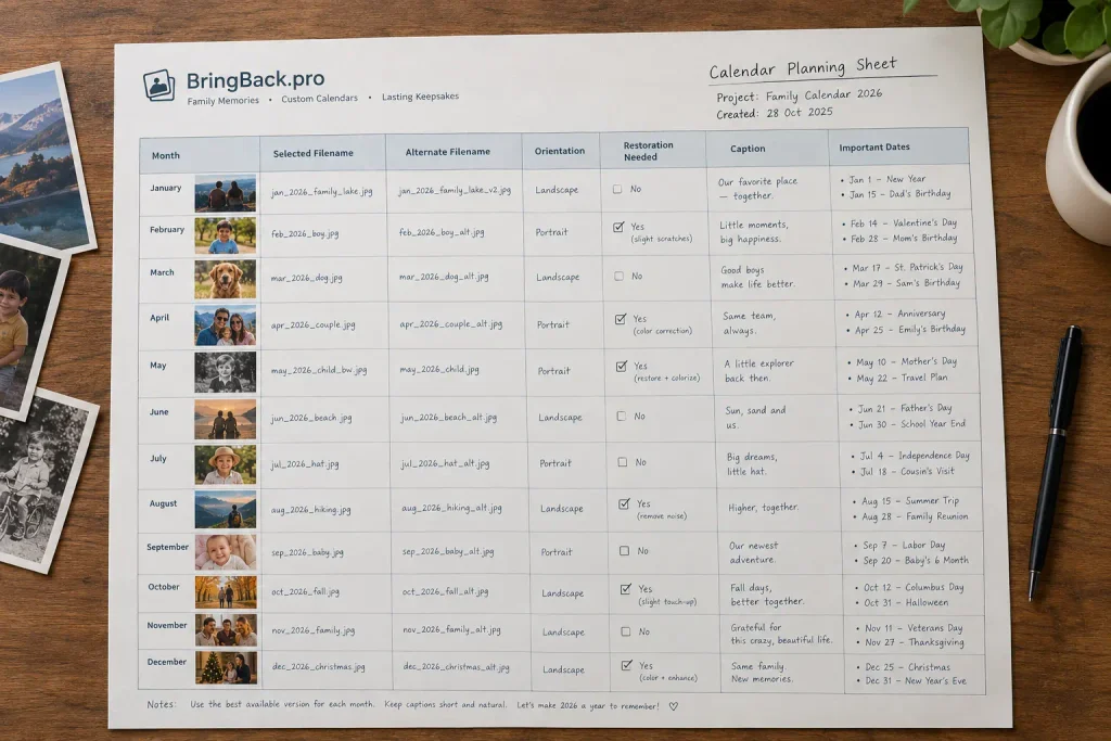 A completed worksheet for planning photographs and captions for each calendar month