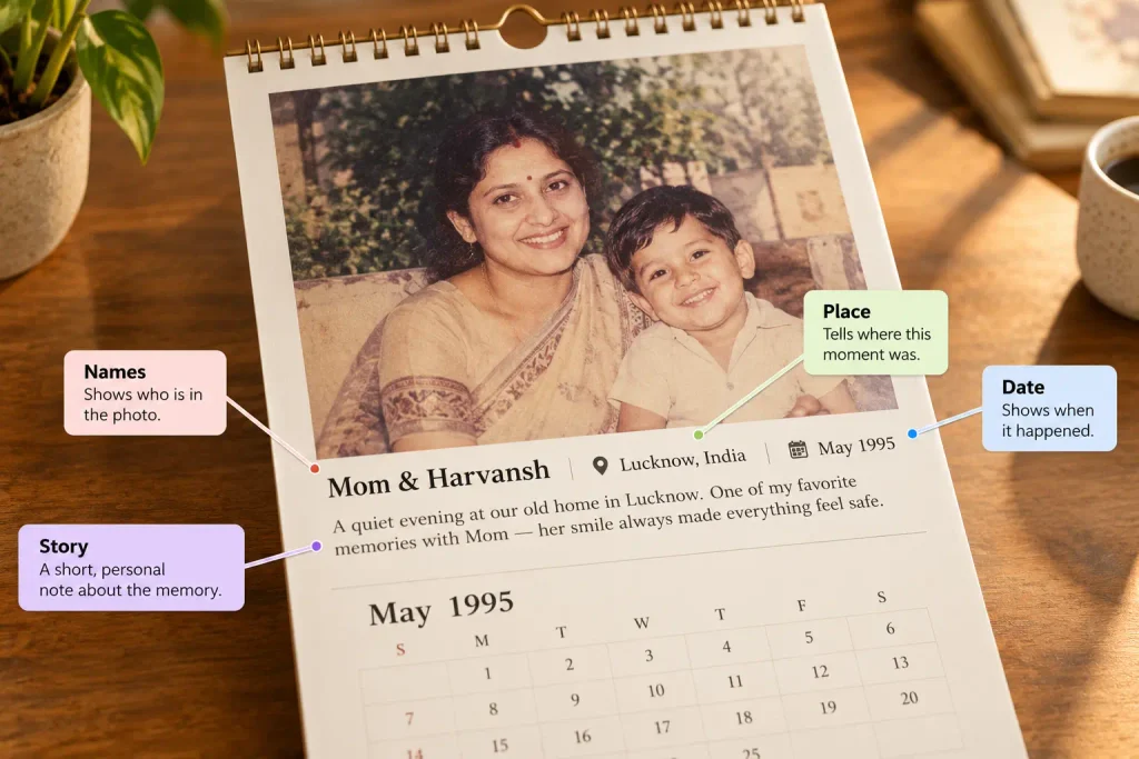 A calendar caption identifying the people, place, date, and story behind a family photograph