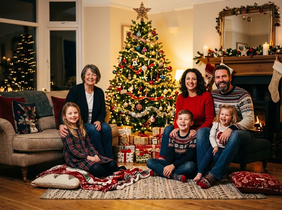 A family of six sitting by a decorated Christmas tree in their living room, with space on the sofa