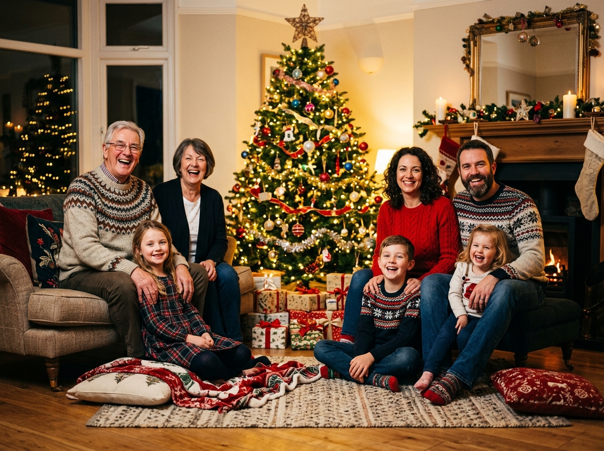 The same Christmas tree family photo with a grandfather in glasses and a knit sweater added on the sofa
