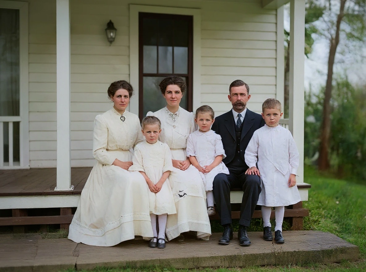The same family of six on the porch after restoration, with faces and details recovered
