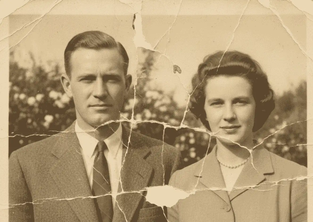 Old sepia portrait of a couple with cracks and missing patches across the print